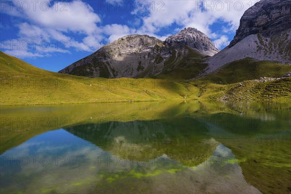 Rappensee, behind it Linkerskopf, 2459m, Rotgundspitze, 2485m, and Hochgundspitze, 2459m, AllgÃ¤u Alps, AllgÃ¤u, Bavaria, Germany, Europe