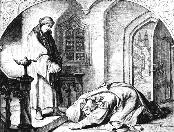 Martin Luther and Hans Kohlhase, room, hall, view, two persons, submissive, desperate, talking, on the floor, pleading, lamp, table, front door, religion, Protestantism, 16th century, historical illustration c. 1860