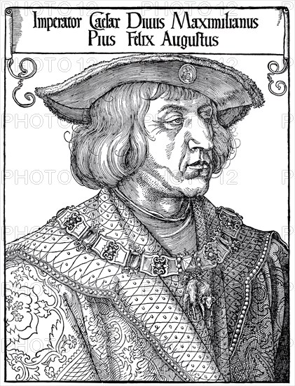 Portrait of Emperor Maximilian, woodcut by Albrecht Dürer, historical, digital improved reproduction of an old woodcut