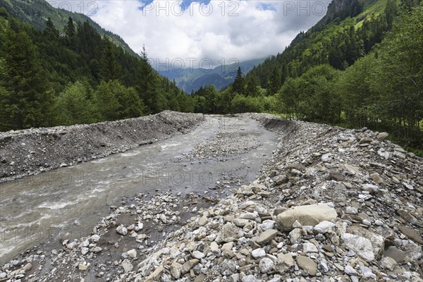 Illegal stream straightening in a nature reserve, Rappenalpbach in the Rappenalptal valley near Oberstdorf, AllgÃ¤u Alps, AllgÃ¤u, Bavaria, Germany, Europe