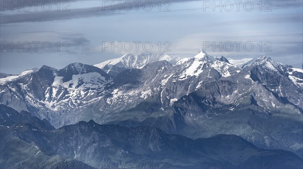 Venediger group, Hochvenediger, Evening mood, Silhouettes, Dramatic mountain landscape, View from Hochkönig, Salzburger Land, Austria, Europe