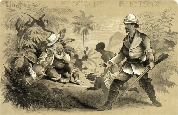 Discovery of the Sage of Chappaqua by HM Stanely. The sage mysteriously disappears on 5 November 1872. His discovery after a lengthy search in the wilderness by the intrepid explorer Stanley. A caricature by Horace Greeley commenting on his disappearance from public life after his defeat in the presidential election on 5 November, Historic, digitally restored reproduction from an original of the period