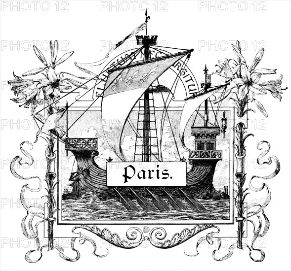 Emblem, symbol image, Paris, galley, inscription, oars, flowers, ornamentation, France, historical illustration circa 1898, Europe