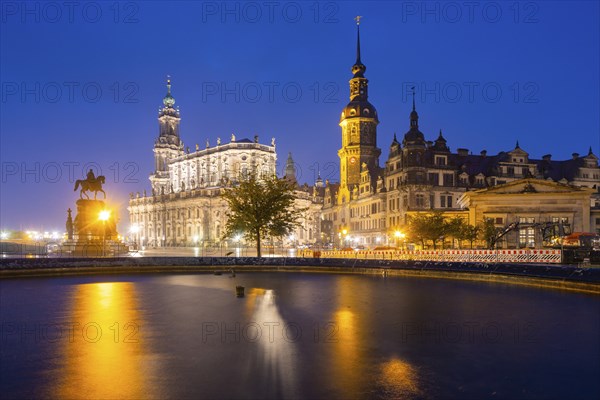 Semper Opera House, Court Church, Residence Palace, Hausmann Tower, King John Monument and Schinkel Guard at Theaterplatz during rain, Dresden, Saxony, Germany, Europe