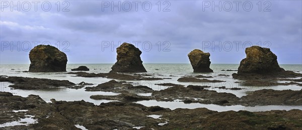 Sea stacks at the Plage des Cinq Pineaux at Saint-Hilaire-de-Riez, La Vendée, Pays de la Loire, France, Europe