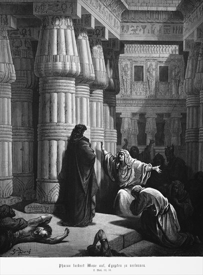 Bible, Pharaoh asks Moses to leave Egypt, First Book of Moses, 12, 31, Moses, Old Testament, Genesis, Egypt, interior, temple, columns, ornamentation, despair, group of people, historical illustration 1885, Africa