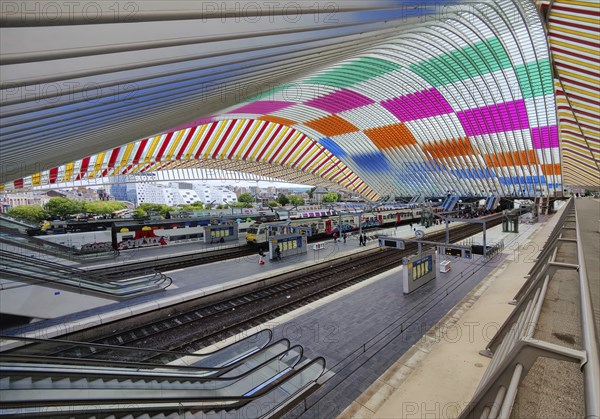 Liège-Guillemins station, architect Santiago Calatrava with the installation by Daniel Buren Comme tombées du ciel, les couleurs in situ et en mouvement, Liège, Belgium, Europe