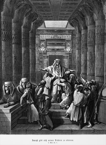 Bible, Joseph reveals himself to his brothers. Genesis 1, 45, 1, Moses, Old Testament, Genesis, Joseph, talk, recognise, test, forgiveness, conflict, end, palace, interior, Egypt, historical illustration 1885, Africa