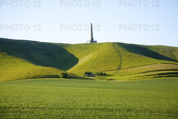 Lansdowne monument obelisk on the chalk scarp slope of Cherhill Downs, Cherhill, Wiltshire, England, United Kingdom, Europe