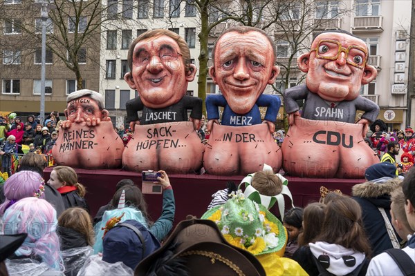 Rose Monday parade in Düsseldorf, street carnival, carnival float, by float builder Jacques Tilly, satirical float on the subject of the new chairmanship of the CDU, with Laschet, Merz, Span and Röttgen