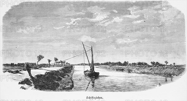 Towing, barge being pulled, on the Vistula or Wisla, Poland, river landscape, towpath, pulling, boat, transport, worker, former profession, historical illustration 1880, Europe