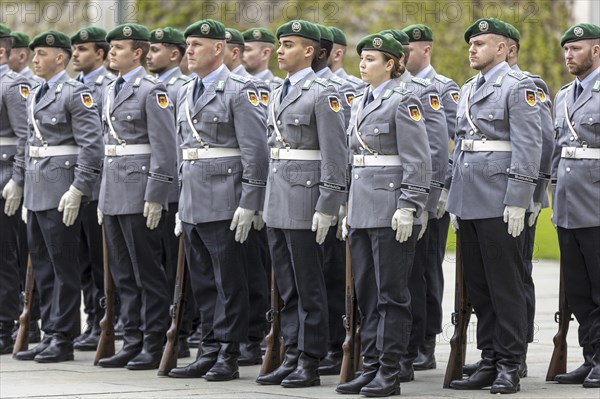 Soldiers from the Bundeswehr Guard Battalion, photographed during a reception with military honours in the courtyard of the Federal Chancellery in Berlin, 12.04.2024