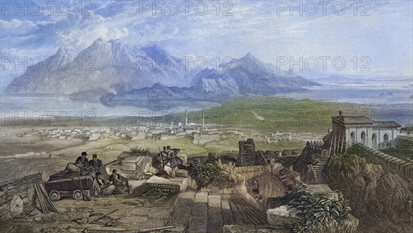 Town and Isthmus of Corinth seen from the Acropolis, engraved by W. Miller after S. Bough from The Imperial Bible Dictionary published by Blackie & Son circa 1880s, Town and Isthmus of Corinth seen from the Acropolis Engraved by W. Bough From The Imperial Bible Dictionary published by Blackie & Son circa 1880s, Historic, digitally restored reproduction from a 19th century original, Record date not stated