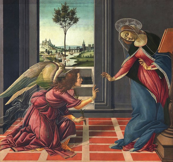 Die Verkündigung, the annunciation (1489), Painting by Sandro Botticelli (1 March 1445, 1510), one of the most important Italian painters and draughtsmen of the early Renaissance, Historic, digitally restored reproduction from an original, Record date not stated