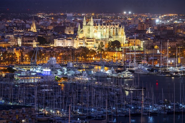 Panorama of Palma de Majorca, Bay of Palma, with the marina and the Cathedral of St Mary, Balearic Islands, Spain, Europe