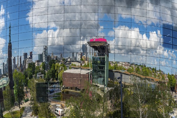 The Boijmans Van Beuningen depot in Rotterdam, show depot of the Boijmans Van Beuningen art museum, over 15, 000 exhibits that are not on display in the museum are presented here, exterior façade with 1664 curved reflective glass panes, birch forest on the roof, Netherlands