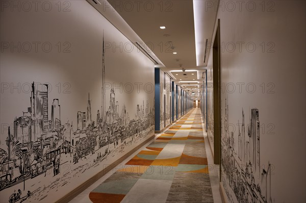 Interior view of corridor with Burj Khalifa wallpaper, Hotel NH Collection The Palm Jumeirah, Dubai, United Arab Emirates, VAR, Asia