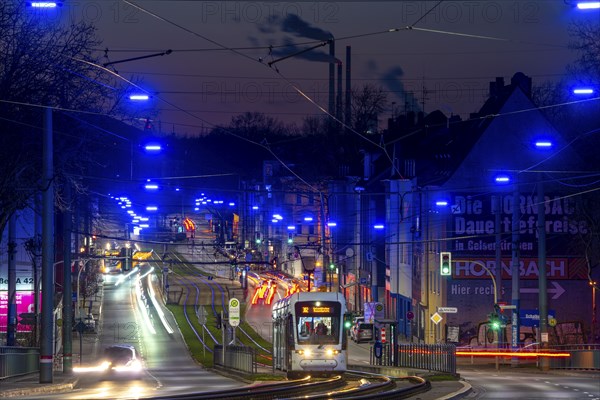 The Blue Ribbon, a light installation along Kurt-Schumacher-StraÃŸe, in Gelsenkirchen Schalke, 2.7 km long, organised by the Schalker Markt Foundation, North Rhine-Westphalia, Germany, Europe