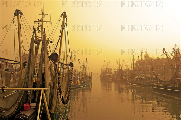 Sunrise in the harbour of Neuharlingersiel, East Frisia, Lower Saxony, Federal Republic of Germany