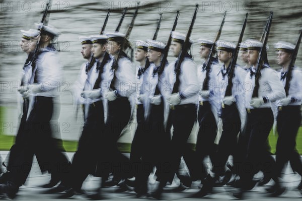 Marines of the guard battalion, photographed during a reception with military honours at the Federal Chancellery in Berlin, 12.03.2024