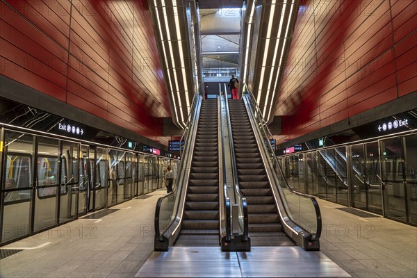 The metro, underground, light rail, in Copenhagen, 4 lines have been crossing the city since 2002, modern, driverless, automatic trains run every 2 minutes, platform screen doors, Denmark, Europe