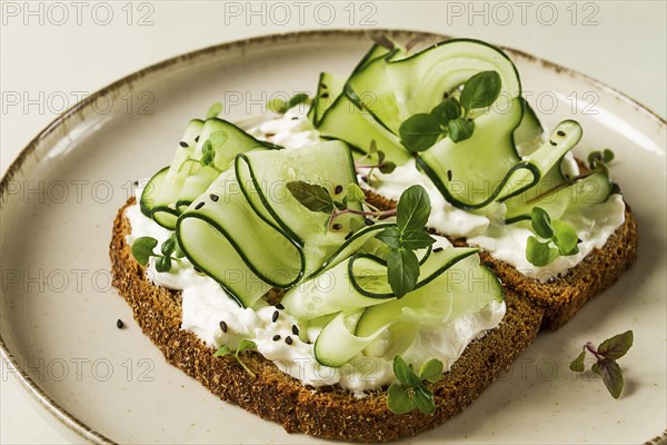 Breakfast, cereal bread sandwiches, cream cheese, sliced cucumber, with micro greenery on a light table, close-up, top view, selective focus, no people