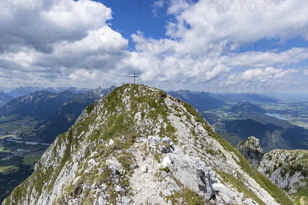 Panorama from the SÃ¤uling, 2047m, on Reutte in Tyrol, Austria, and Füssen, OstallgÃ¤u, Bavaria, Germany, Europe