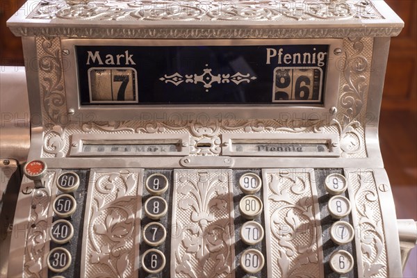 Old, mechanical cash register, currency in marks and pfennigs, numeric