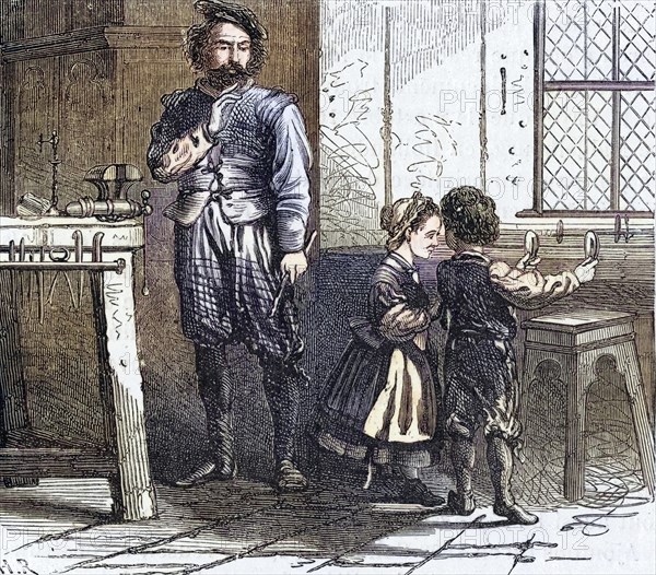 Artist's impression of the chance discovery of the principle of the telescope by children playing in the workshop of the Dutch optician Hans Lippershey (d1619), Wood engraving, 1863, Historic, digitally restored reproduction from a 19th century original, Record date not stated