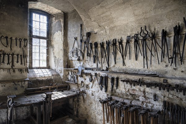 Historic forge, workshop with tools and workbench, museum, Salem Castle, former imperial abbey, former monastery of Order of Cistercians, Salem, Lake Constance, Lake Constance district, Baden-Württemberg, Germany, Europe