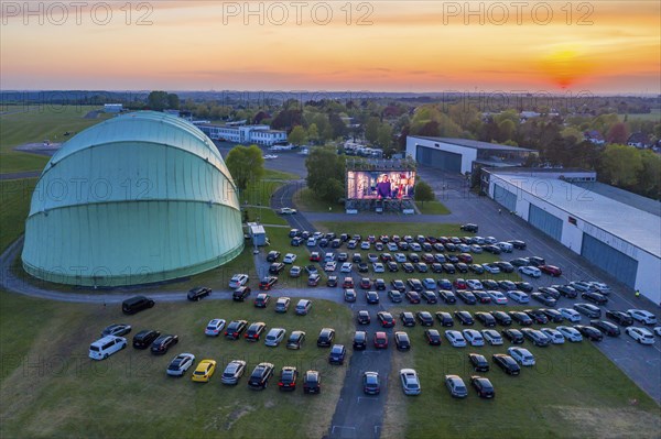 Drive-in cinema at Essen/Mülheim Airport Motor Movies, temporary film screening, at the WDL airship hangar, event in compliance with contact restrictions, effects of the corona crisis in Essen, Mülheim Germany