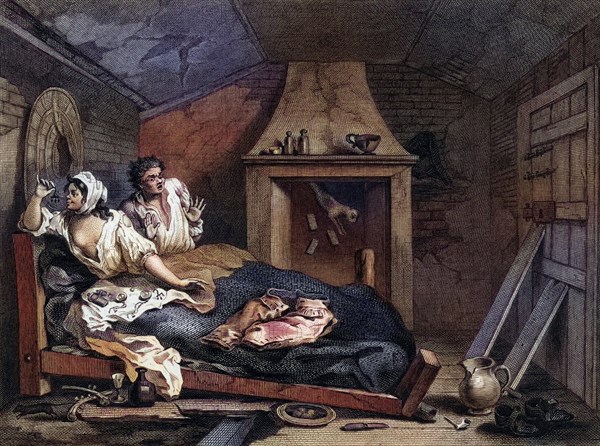 Industry and Idleness The idle prentice returned from sea and in a garret with a prostitute From the original design by Hogarth from The Works of Hogarth published London 1833, Historisch, digital restaurierte Reproduktion von einer Vorlage aus dem 19. Jahrhundert, Record date not stated