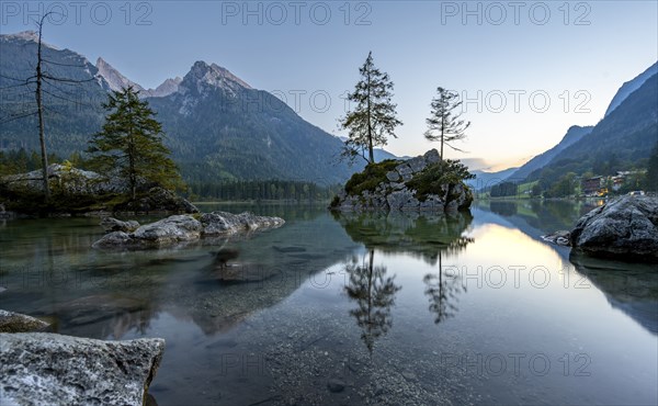 Hochkalter reflected in Hintersee, at sunset, Berchtesgaden National Park, Ramsau, Upper Bavaria, Bavaria, Germany, Europe