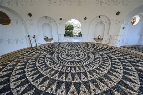 A detailed mosaic on the floor of a white circular building with open arches to the outside, thermal springs, thermal baths, thermal baths of Kallithea, Kallithea, Rhodes, Dodecanese, Greek Islands, Greece, Europe