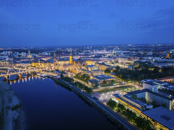 Theatre Square, Court Church, Residential Palace on the Elbe with Brühl's Terrace, StÃ¤ndehaus, Augustus Bridge and the new State Parliament, Dresden, Saxony, Germany, Europe