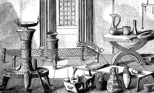 Etruscan household objects, interior, curtains, table, vases, earthenware vessels, jug, fire selle, Etruscans, Roman Empire, historical illustration 1880