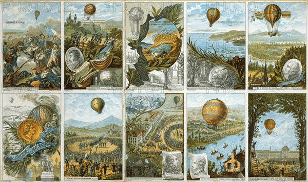 Set of French collector's pictures on the subject of balloon flights to mark the 100th anniversary of the Montgolfier brothers' first flight in 1783, with scenes of early French balloon flights. Chromolithography Aviation Flying