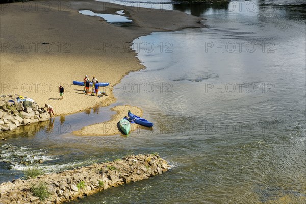 Canoe paddler on a sandbank, Allier, near Nevers, Loire Valley, Département Cher, Centre, France, Europe