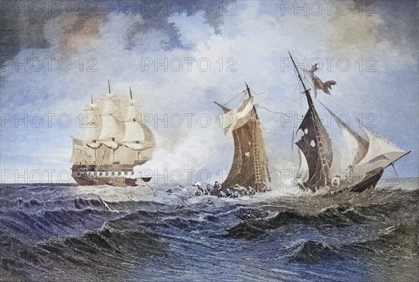 Destruction of the privateer ship Petrel by the Saint Lawrence River in 1861, USA, Historical, digitally restored reproduction from a 19th century original, Record date not stated, North America