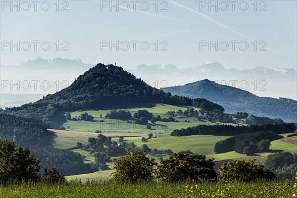 Hegau volcanoes Hohenhewen and Hohenstoffeln, behind the Swiss Alps, Engen, Hegau, district of Constance, Baden-Württemberg, Germany, Europe