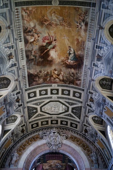 Interior view, parish church Igreja da Encarnaçao, ceiling, ceiling painting, perspective covered with azulejos, tiles, tile decoration, Lisbon, Portugal, Europe