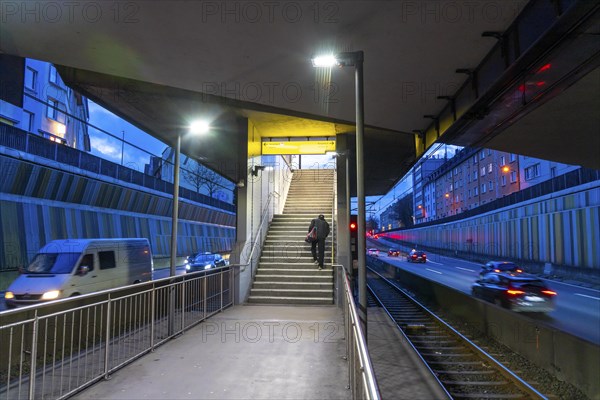 Underground station, Breslauer StraÃŸe U18, in the middle of the A40 motorway, Essen city centre, dark, loud, Essen North Rhine-Westphalia, Germany, Europe