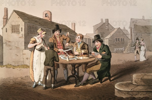 Scene from everyday life in England around 1810, family at the dining table in the courtyard to celebrate Midsummer Night, Historical, digitally restored reproduction from a 19th century original, date unknown