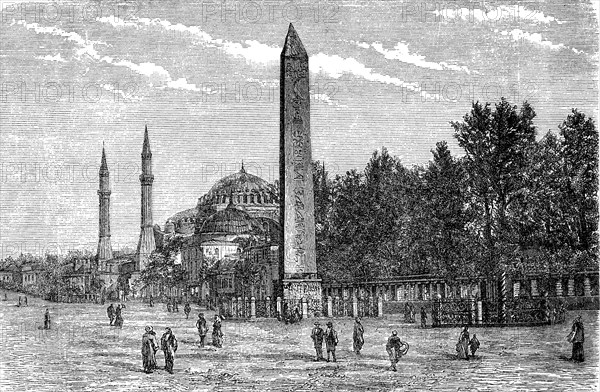 The Almeidan with the Obelisk of Theodosius, Obelisk of Thutmosis III, at the Aja Sofia, Hagia Sophia, in Constantinople, Istanbul, Turkey, in 1880, Historical, digital reproduction of an original from the 19th century, Asia