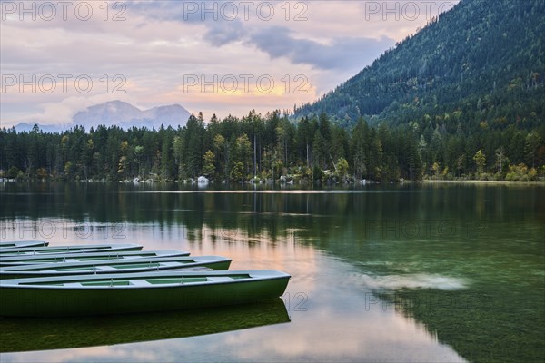 Boats on a lake, Hintersee, Ramsau, Berchtesgaden National Park, Berchtesgadener Land district, Upper Bavaria, Bavaria, Germany, Europe