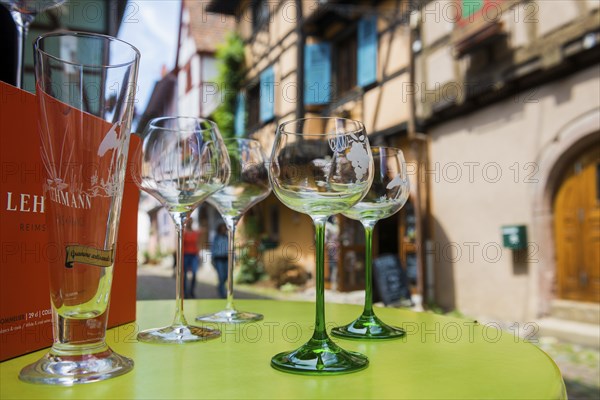 Wine glasses, Eguisheim, Plus beaux villages de France, Haut-Rhin, Alsace, Alsace, France, Europe