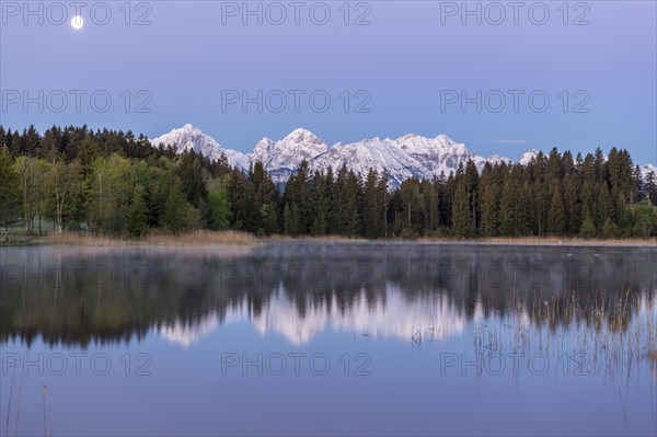 Hegratsrieder See near Füssen, AllgÃ¤u Alps, snow, moon, dawn, AllgÃ¤u, Bavaria, Germany, Europe