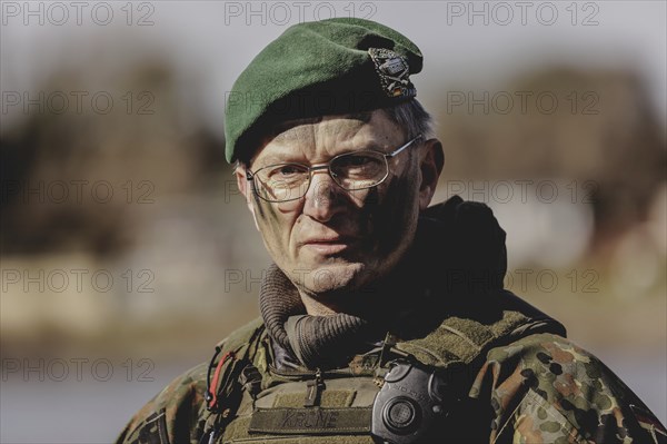 Brigadier General Alexander Krone, Commander NATO Response Force Land Brigade, photographed during the military exercise 'Wettiner Schwert' with German and Czech soldiers near Tangermünde, 26 March 2024. 'Wettiner Schwert' is part of the NATO Quadriga exercise