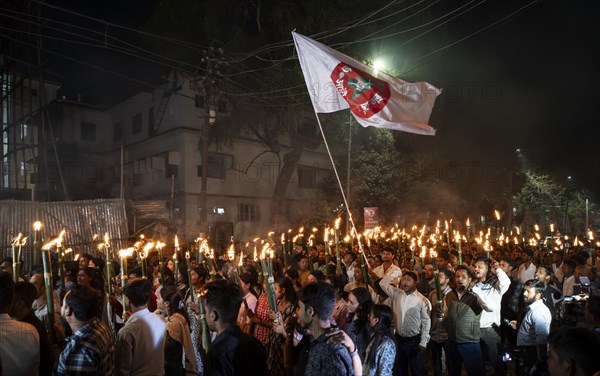 Members of the All Assam Students' Union (AASU) take part in a flaming torch rally and shout slogans to protest against the implementation of the Citizenship Amendment Act (CAA), on March 12, 2024 in Guwahati, Assam, India. The Citizenship Amendment Act (CAA), passed by the Indian Parliament in 2019, indeed grants expedited citizenship to specific religious minorities from Afghanistan, Bangladesh, and Pakistan who arrived in India on or before December 31, 2014. These religious minorities include Hindus, Sikhs, Buddhists, Jains, Parsis, and Christians, Asia