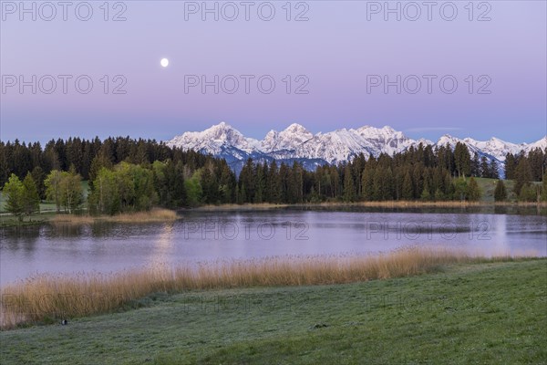 Hegratsrieder See near Füssen, AllgÃ¤u Alps, snow, moon, dawn, AllgÃ¤u, Bavaria, Germany, Europe